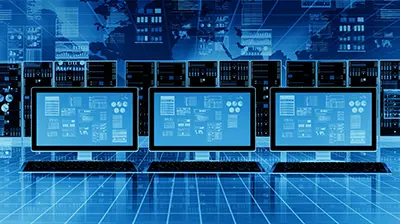 A blue room full of computers